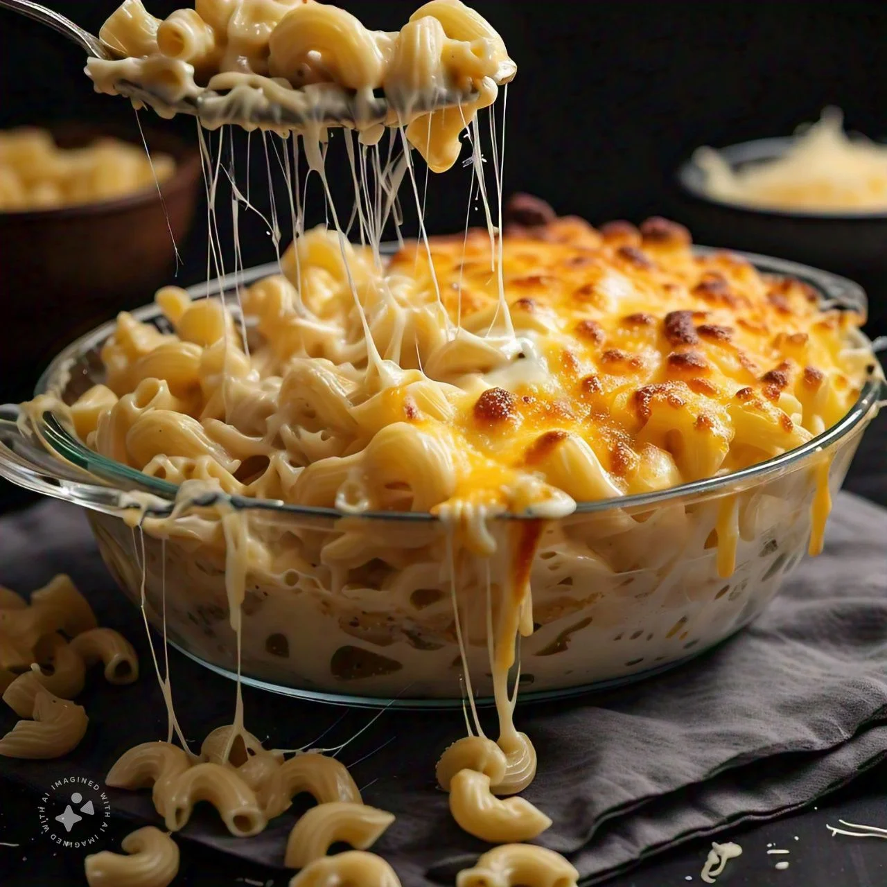 Creamy baked macaroni and cheese with gooey cheese