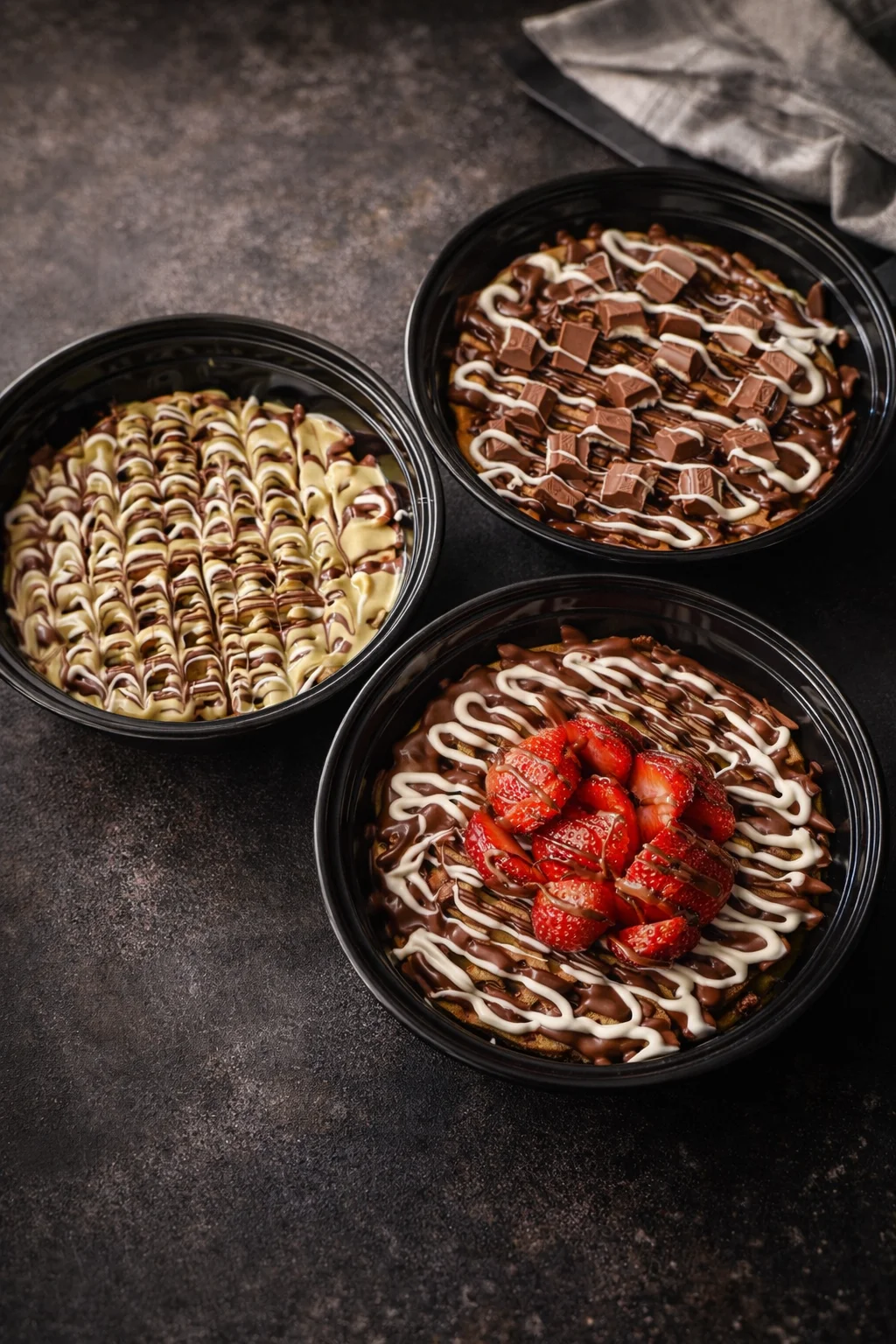 Three bowls filled with a mix of chocolate drizzled desserts, each topped with different toppings including candy bars and strawberries, set against a dark background.