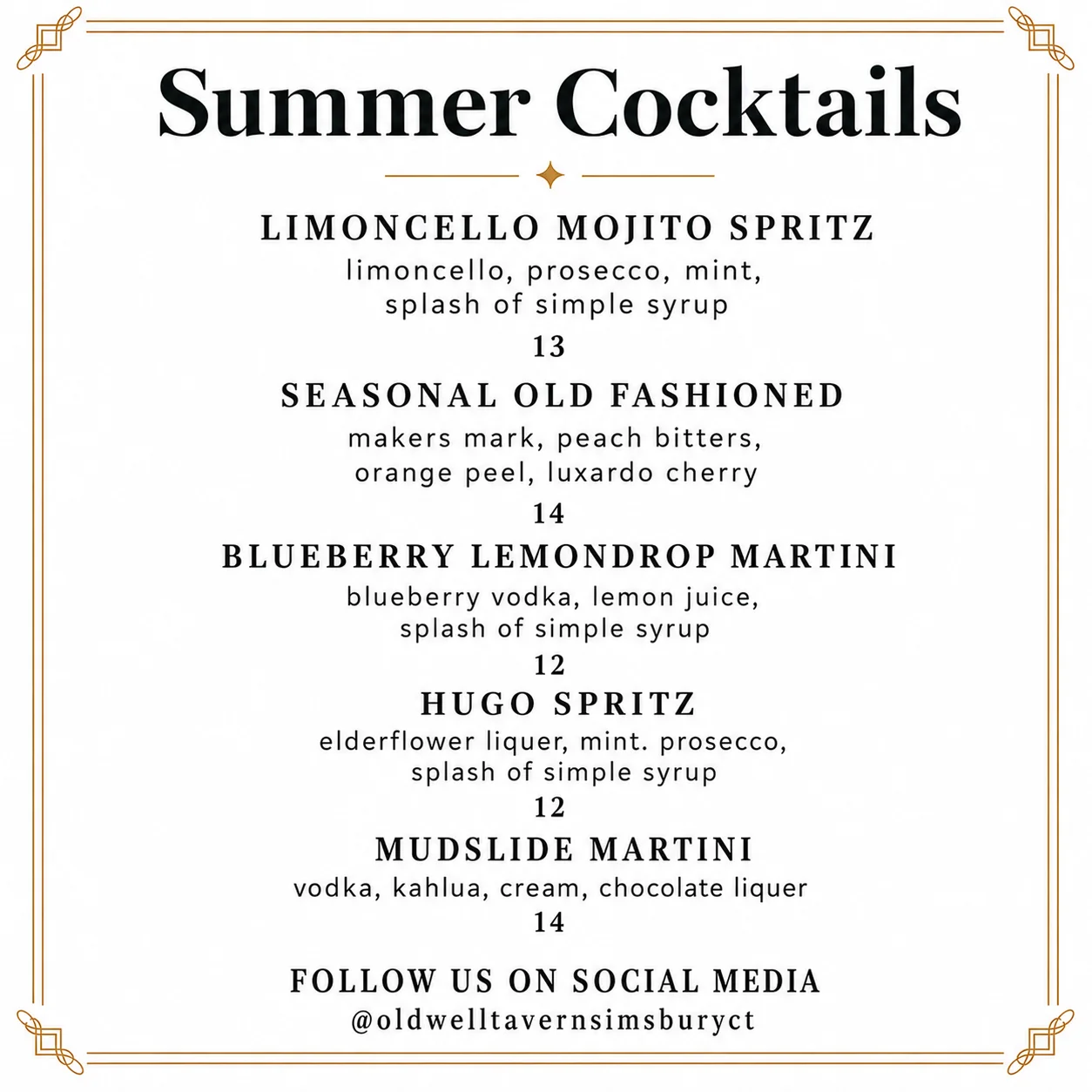 Summer cocktail menu featuring various drinks