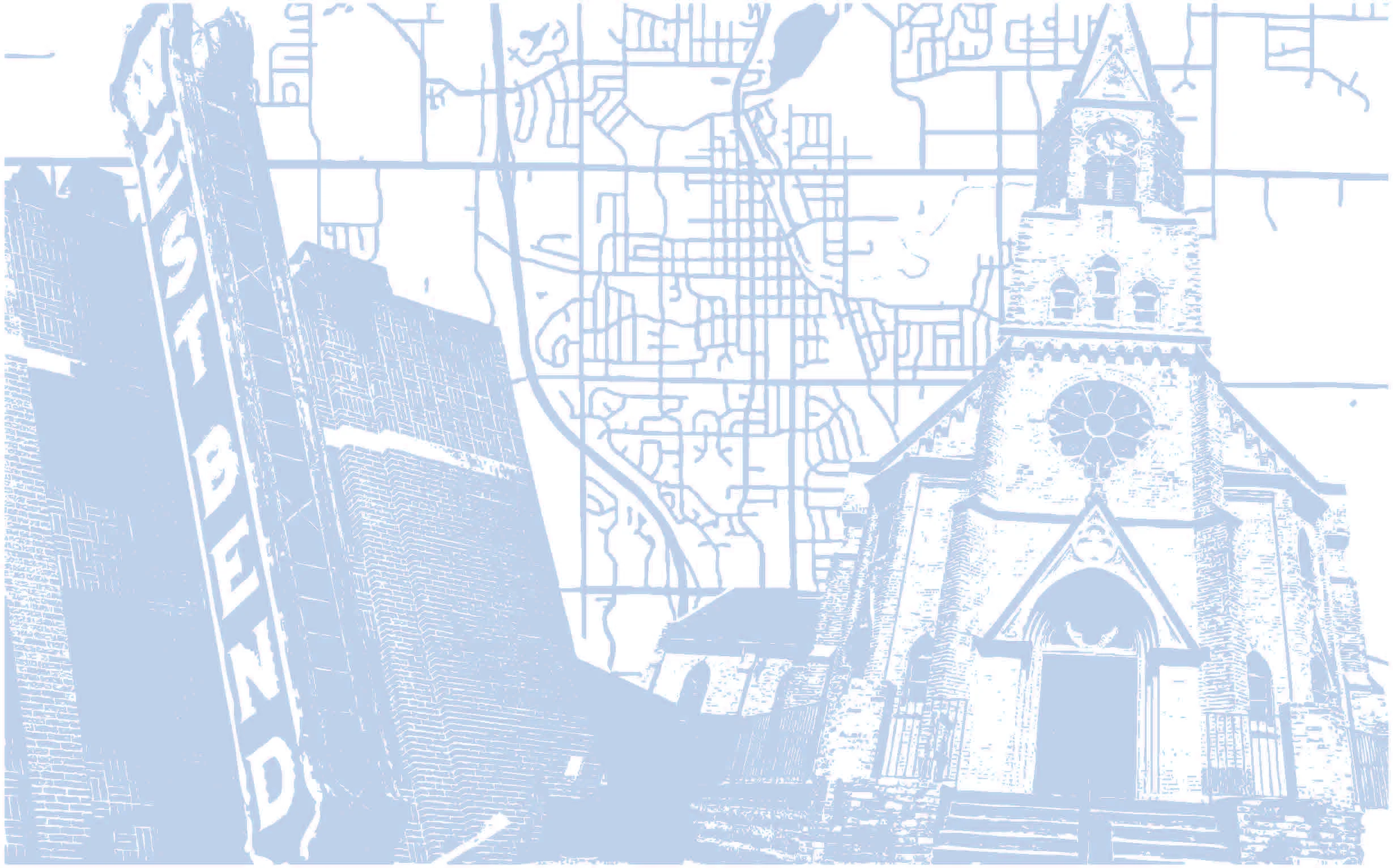 Historic buildings in West Bend with a city map background