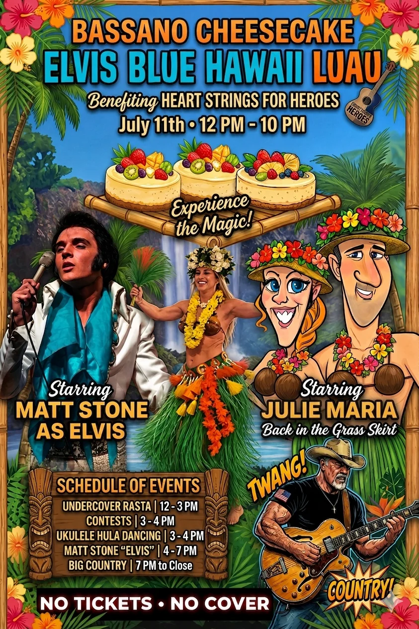 Elvis-themed luau event poster with live music and hula dancing