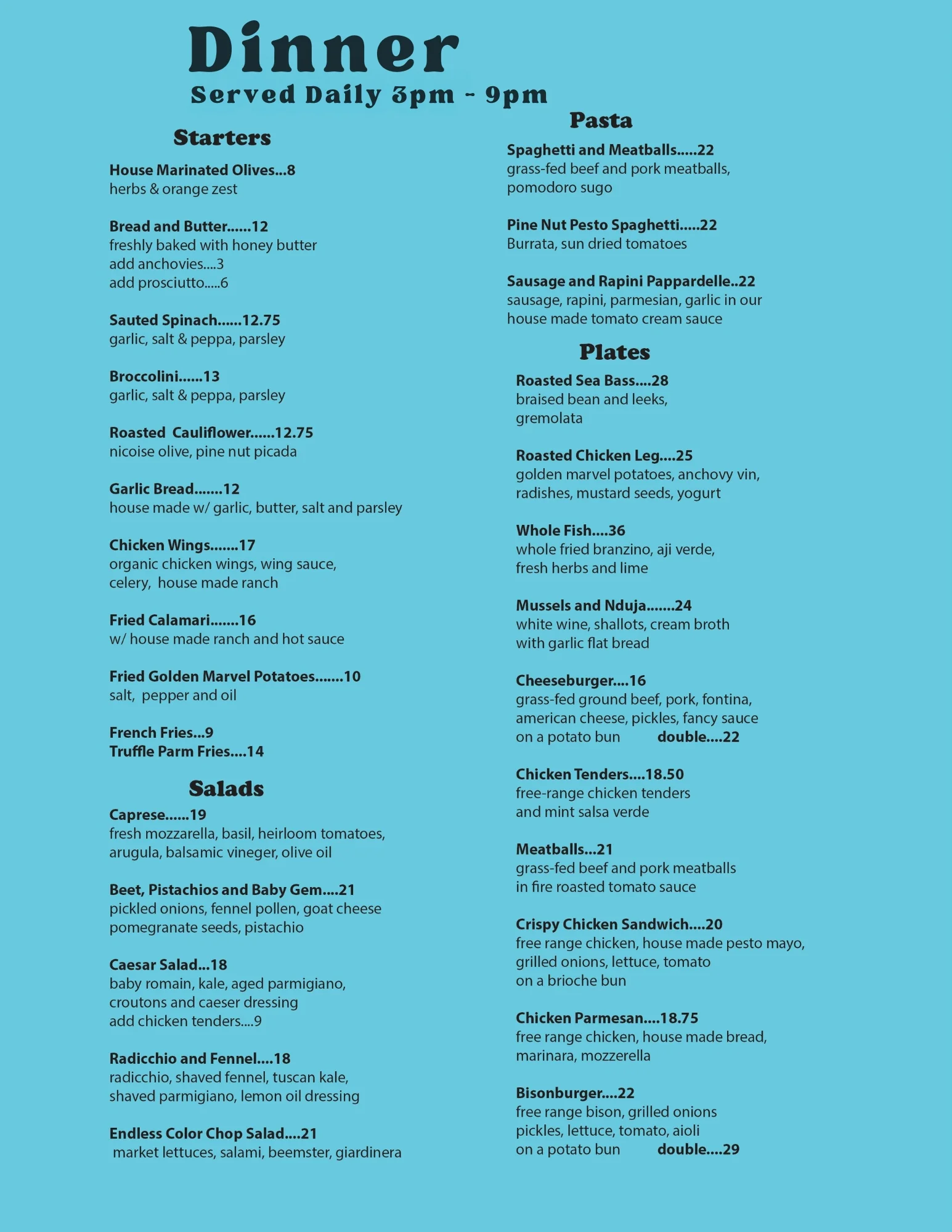 Dinner menu featuring Italian pasta and Mediterranean dishes