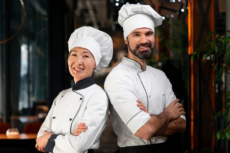 Professional chefs collaborating in a kitchen setting.