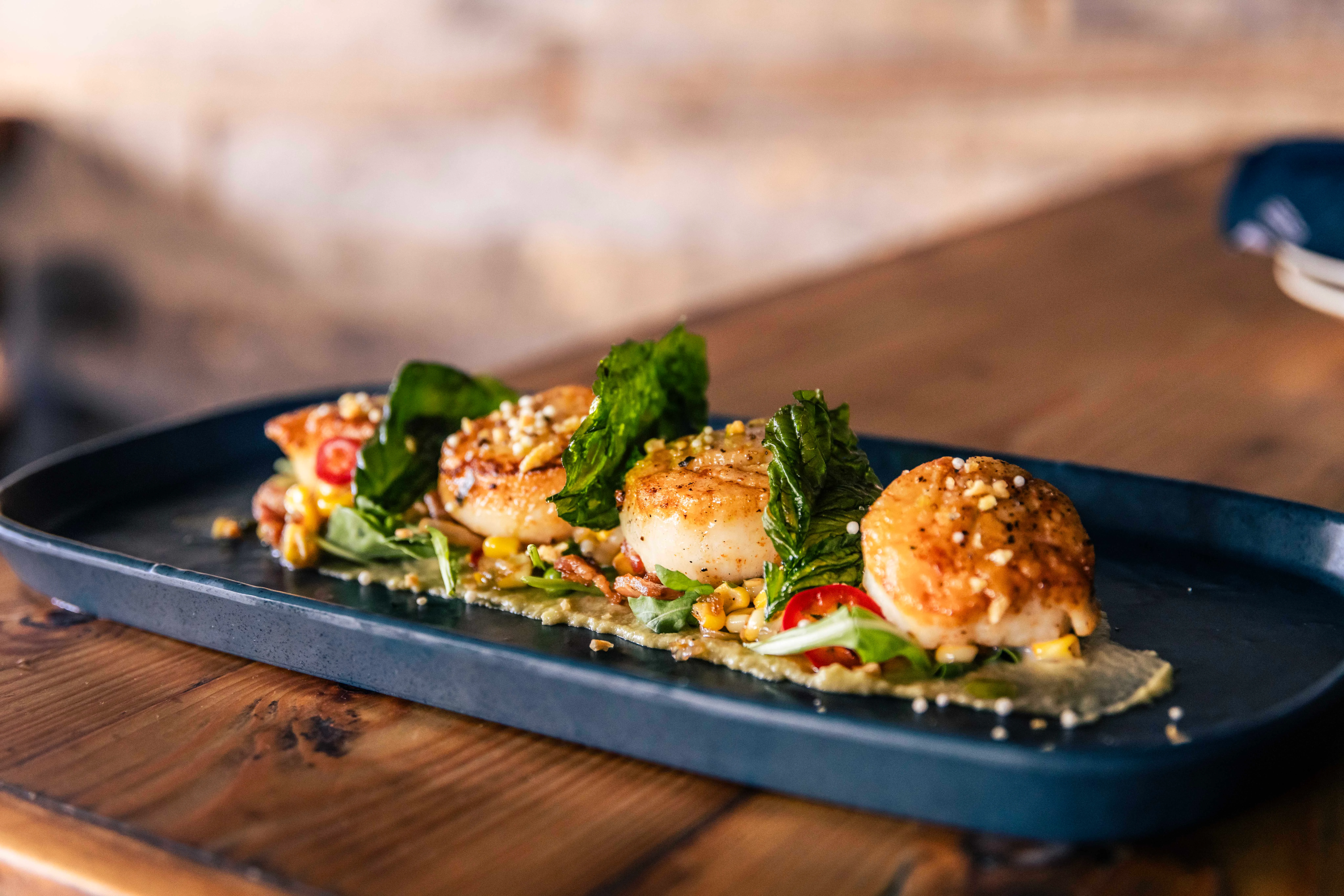Seared scallops with fresh greens and sauce