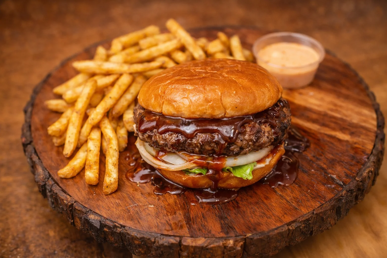 Juicy barbecue burger with fries on a rustic wooden platter