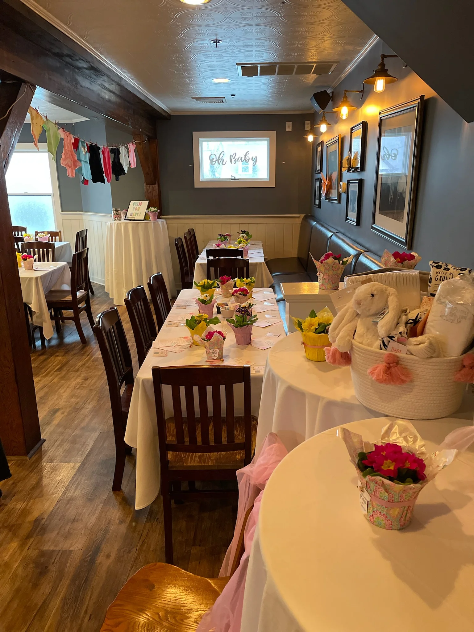 Charming restaurant interior for a baby shower celebration