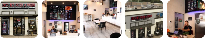 Exterior and interior views of a modern pizza restaurant