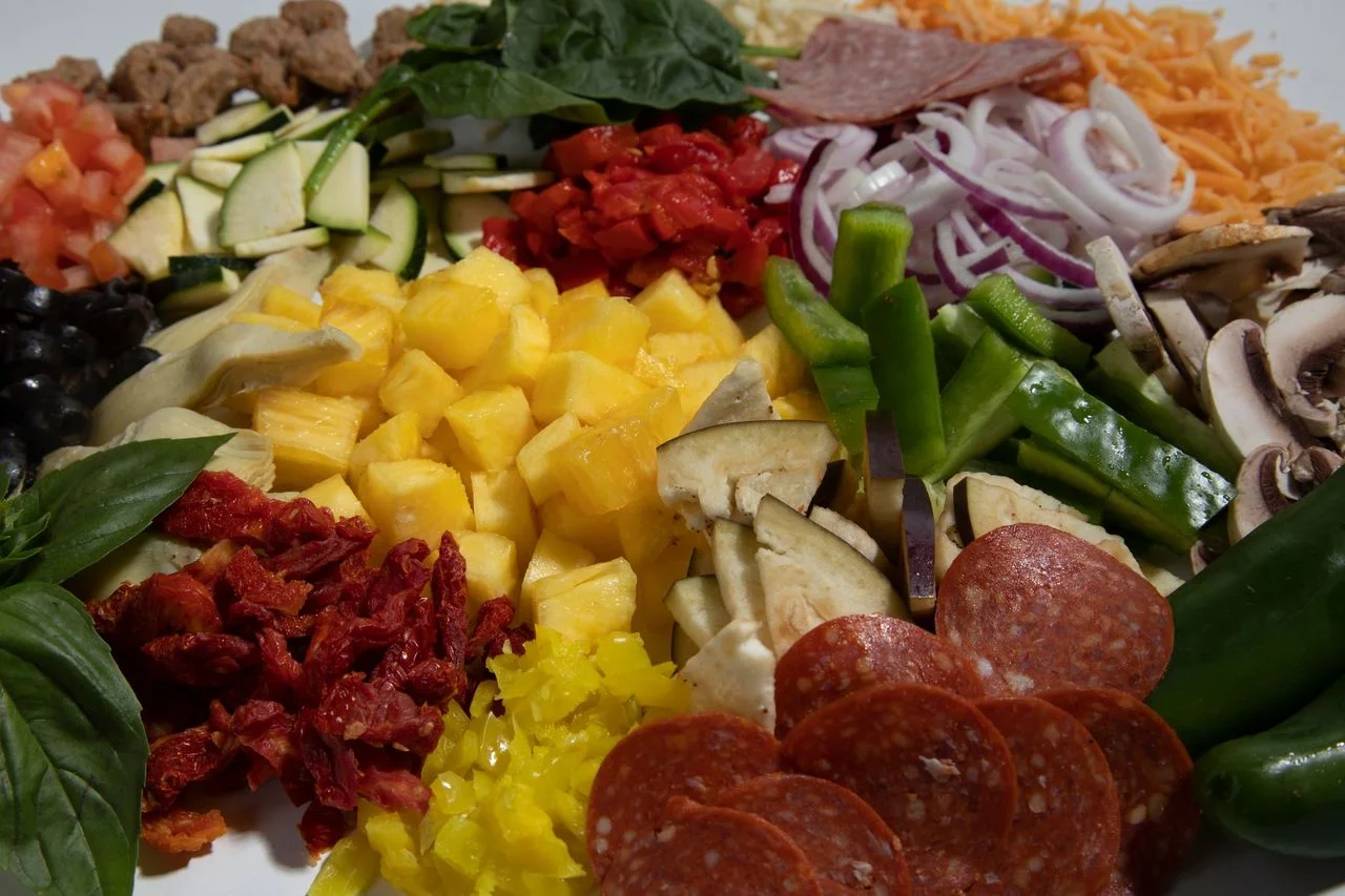 Colorful antipasto platter with assorted toppings
