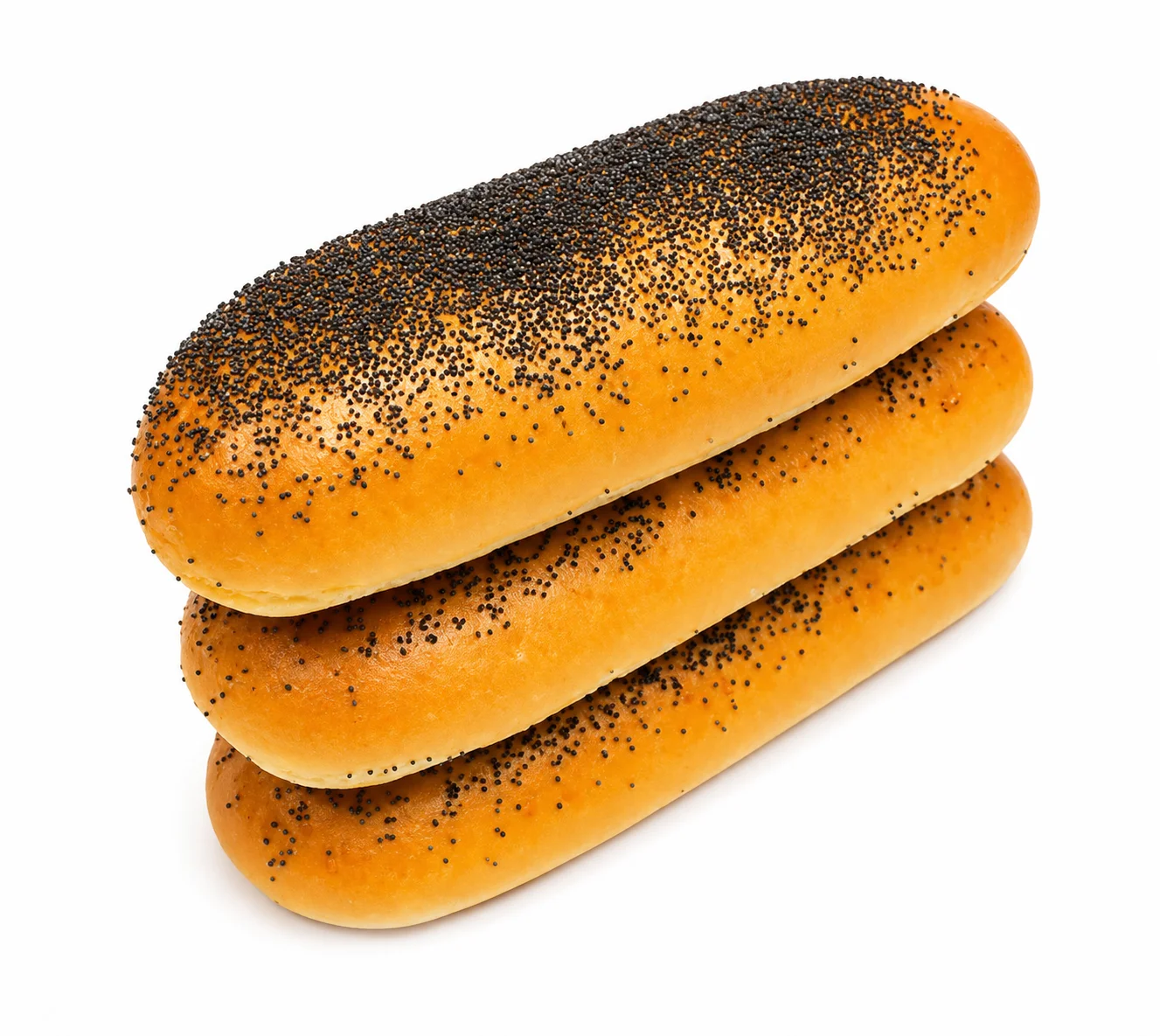 Three poppy seed rolls stacked on top of each other.