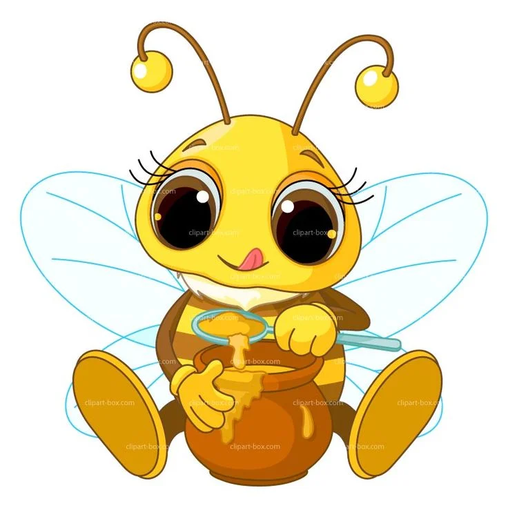 An adorable animated bee character sitting next to a pot of honey, holding a spoon, and looking playful.
