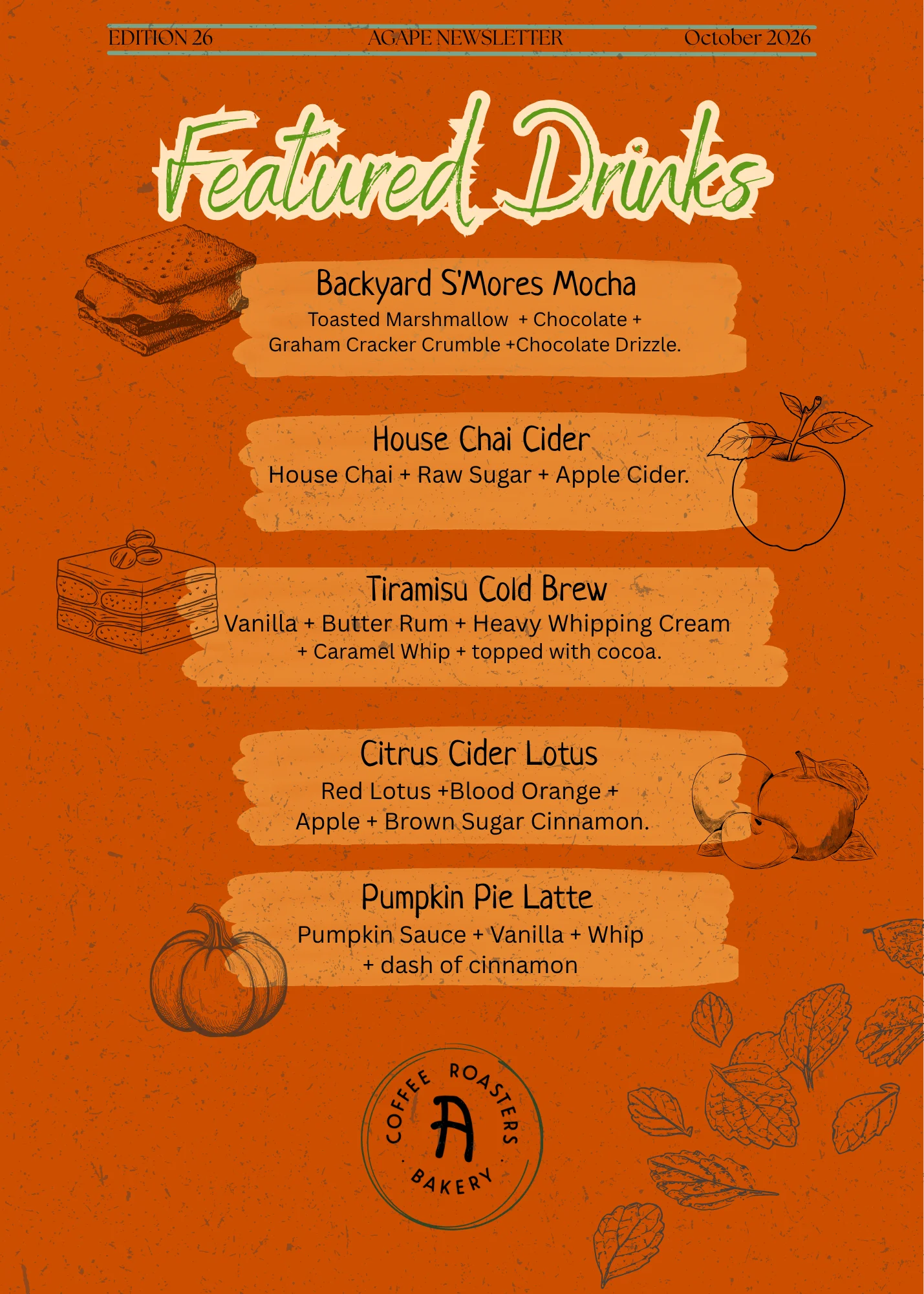 Featured drinks menu with unique coffee and refreshment options
