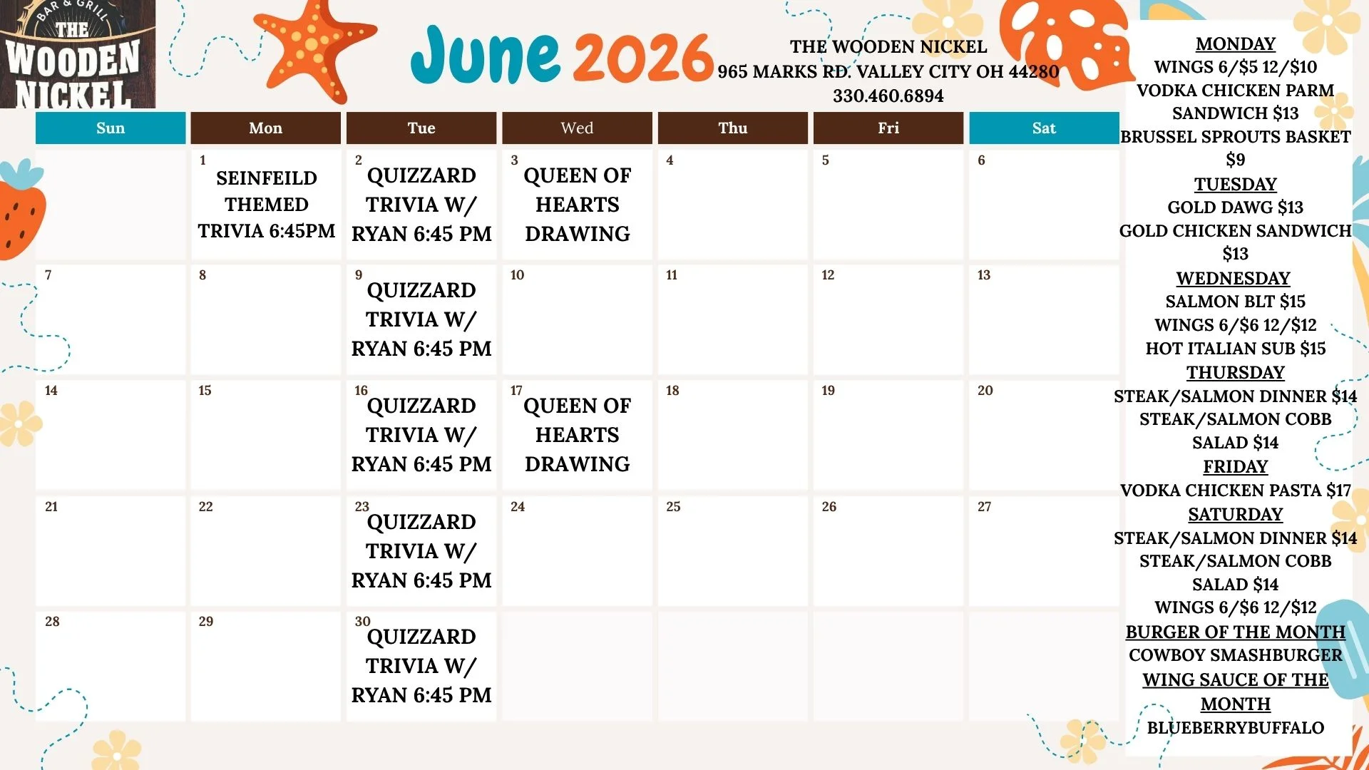 Event calendar for June 2026 at The Wooden Nickel restaurant.