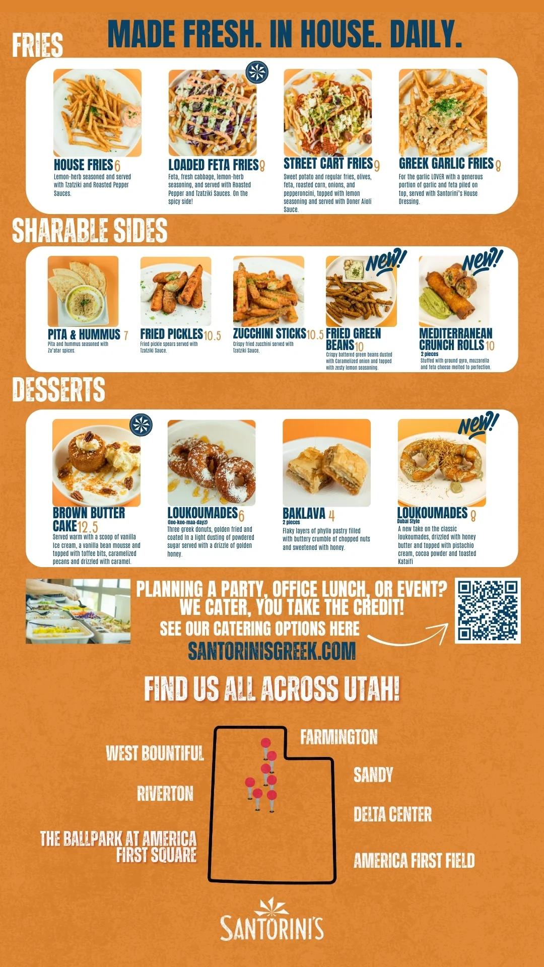 Santorini's Greek Grill menu featuring sharable sides desserts loukoumades baklava and Utah locations including Farmington Sandy Riverton West Bountiful Delta Center and America First Field