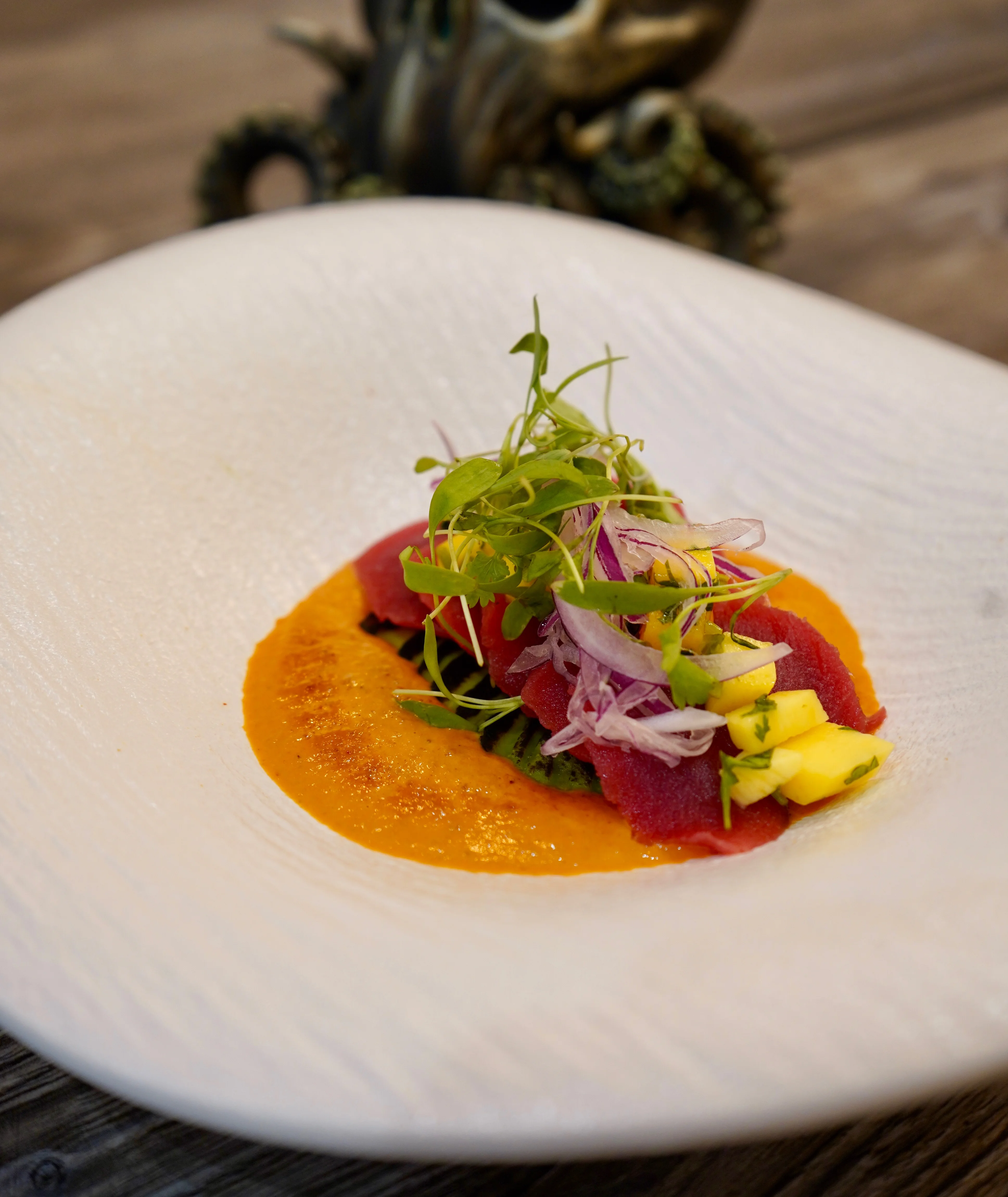 Peruvian ceviche with fresh fish and vibrant garnishes