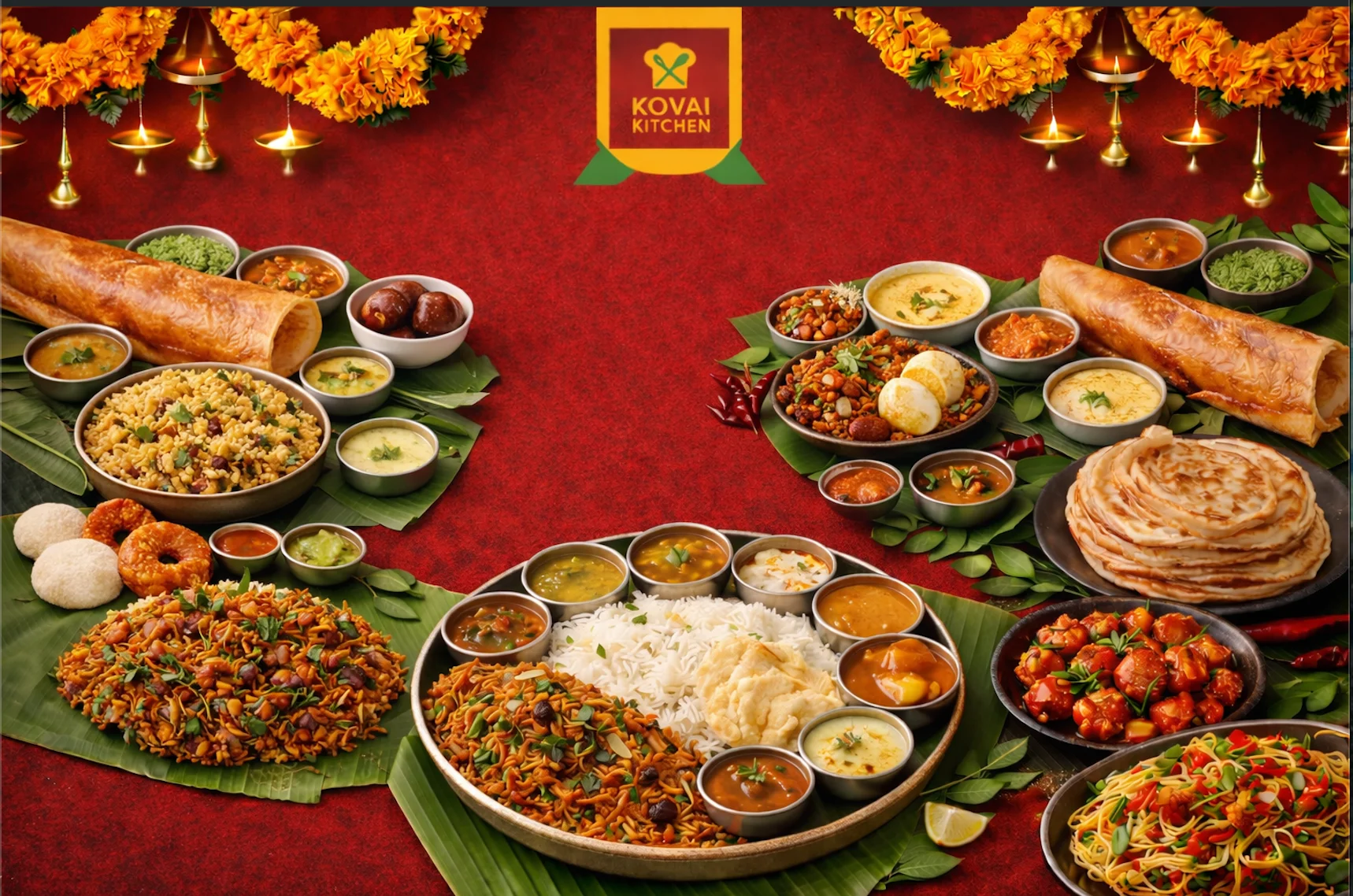 Kovai Kitchen South Indian vegetarian food spread – dosa, parotta, thali, biryani and Indo-Chinese dishes.