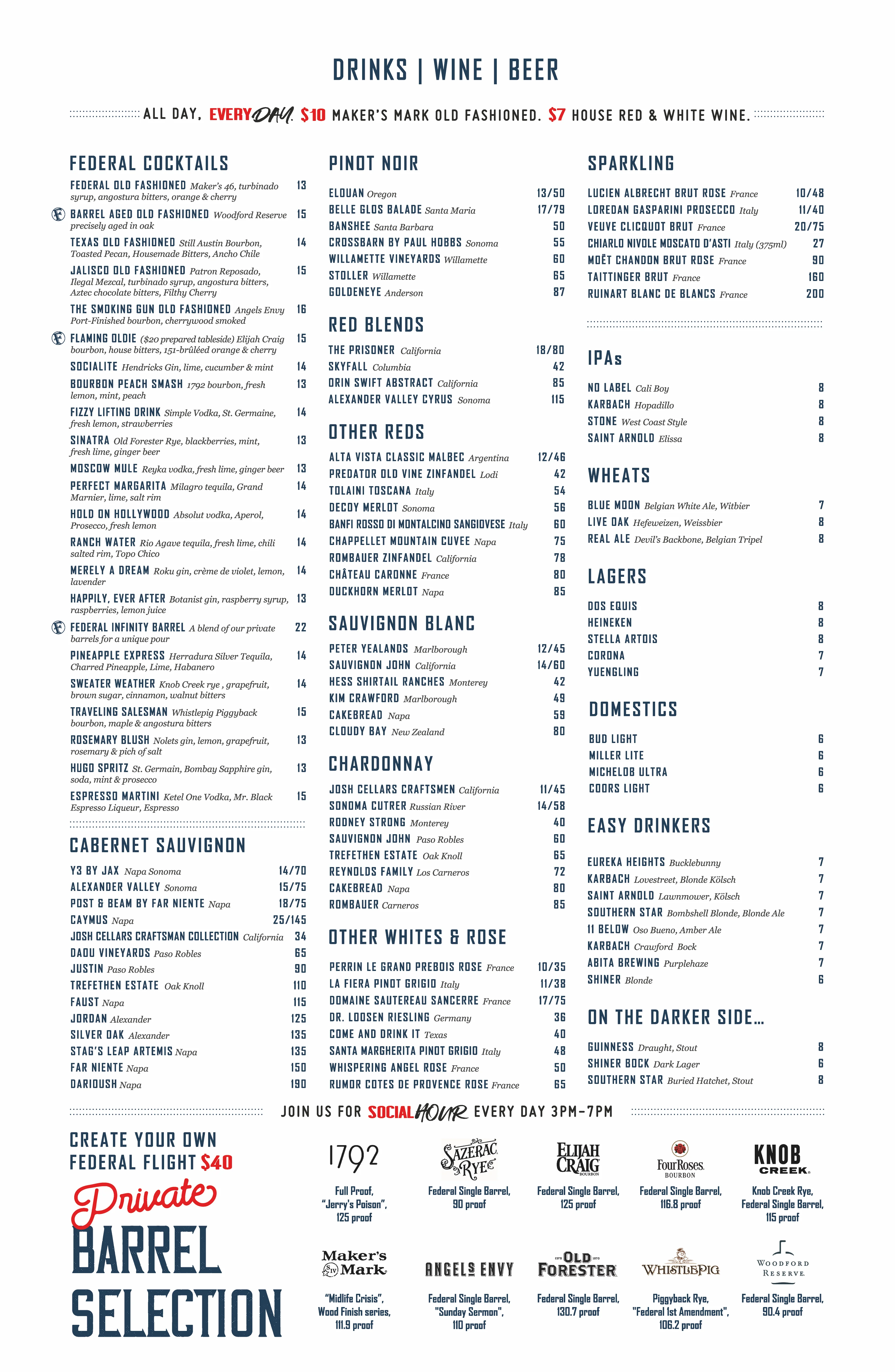 Comprehensive drink menu featuring cocktails, wines, and beers