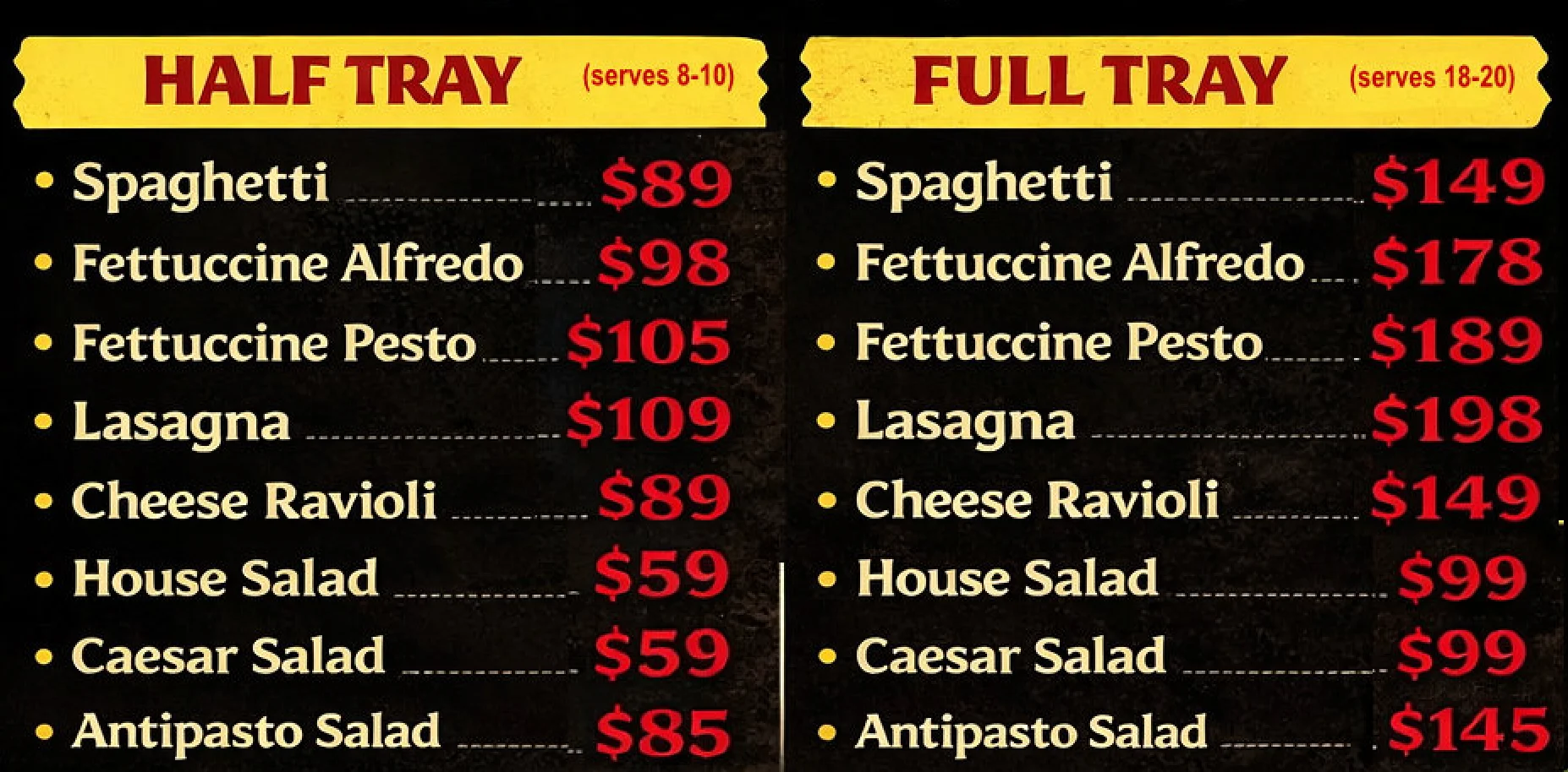 Catering menu featuring Italian pasta dishes and salads