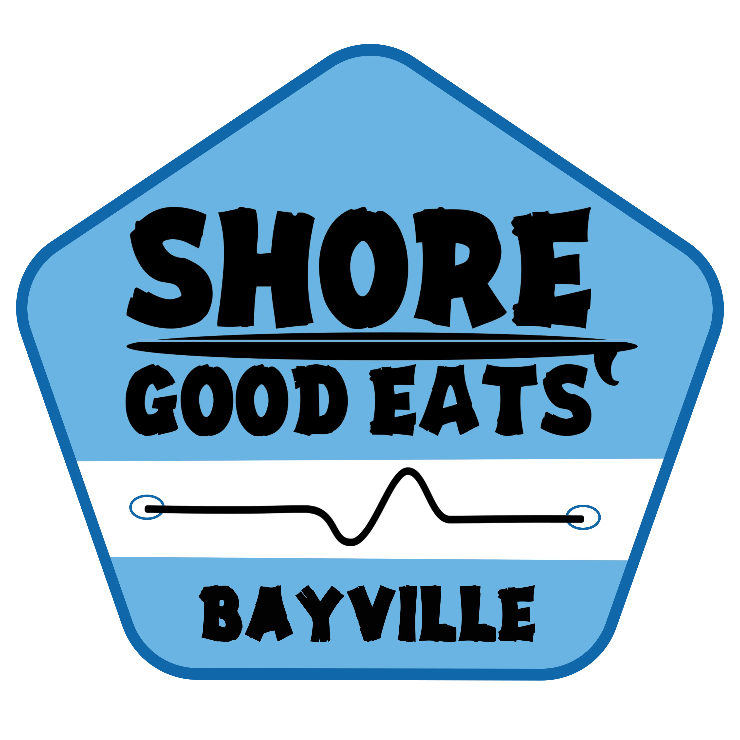 A blue badge featuring the words 'Shore Good Eats' and 'Bayville'. The badge has a playful design and a wave motif.