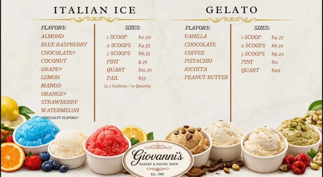 Italian ice and gelato menu at Giovanni's Bakery