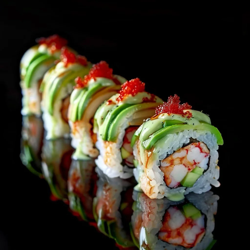Colorful sushi rolls with avocado and roe on a black background