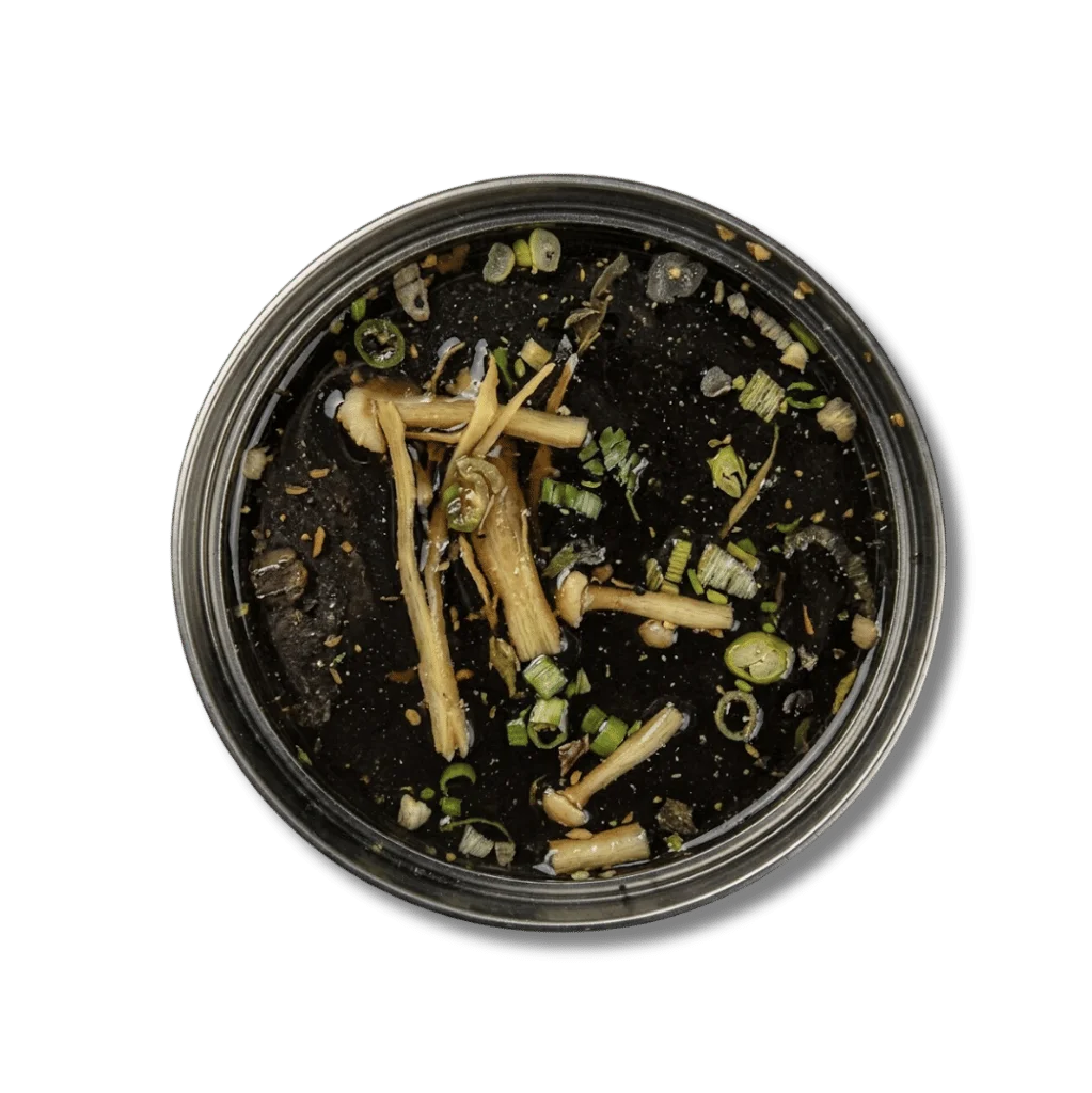 A bowl of dark sauce with ginger and green onions.