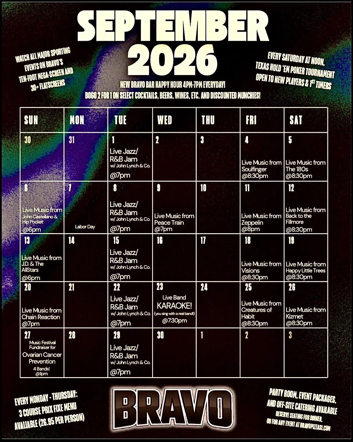 Event calendar for September 2026 at Bravo restaurant featuring live music and activities