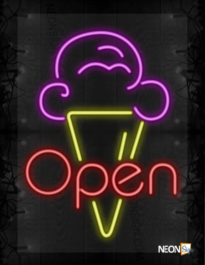 Neon sign displaying 'Open' with an ice cream cone design