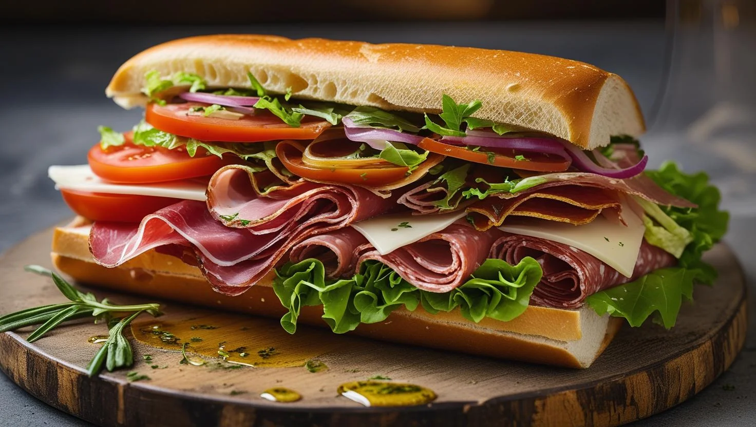 Italian sub sandwich loaded with meats and fresh vegetables
