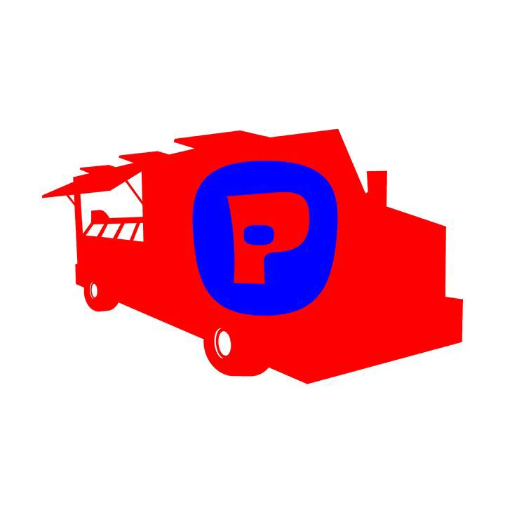 Colorful logo. Red silhouette of a food truck with our blue P logo in the middle.