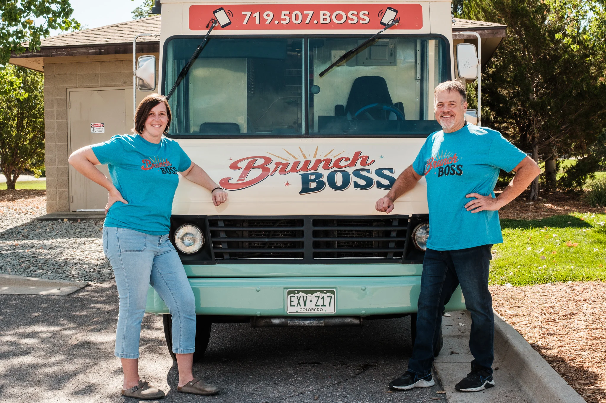 Brunch food truck with vibrant branding and cheerful atmosphere