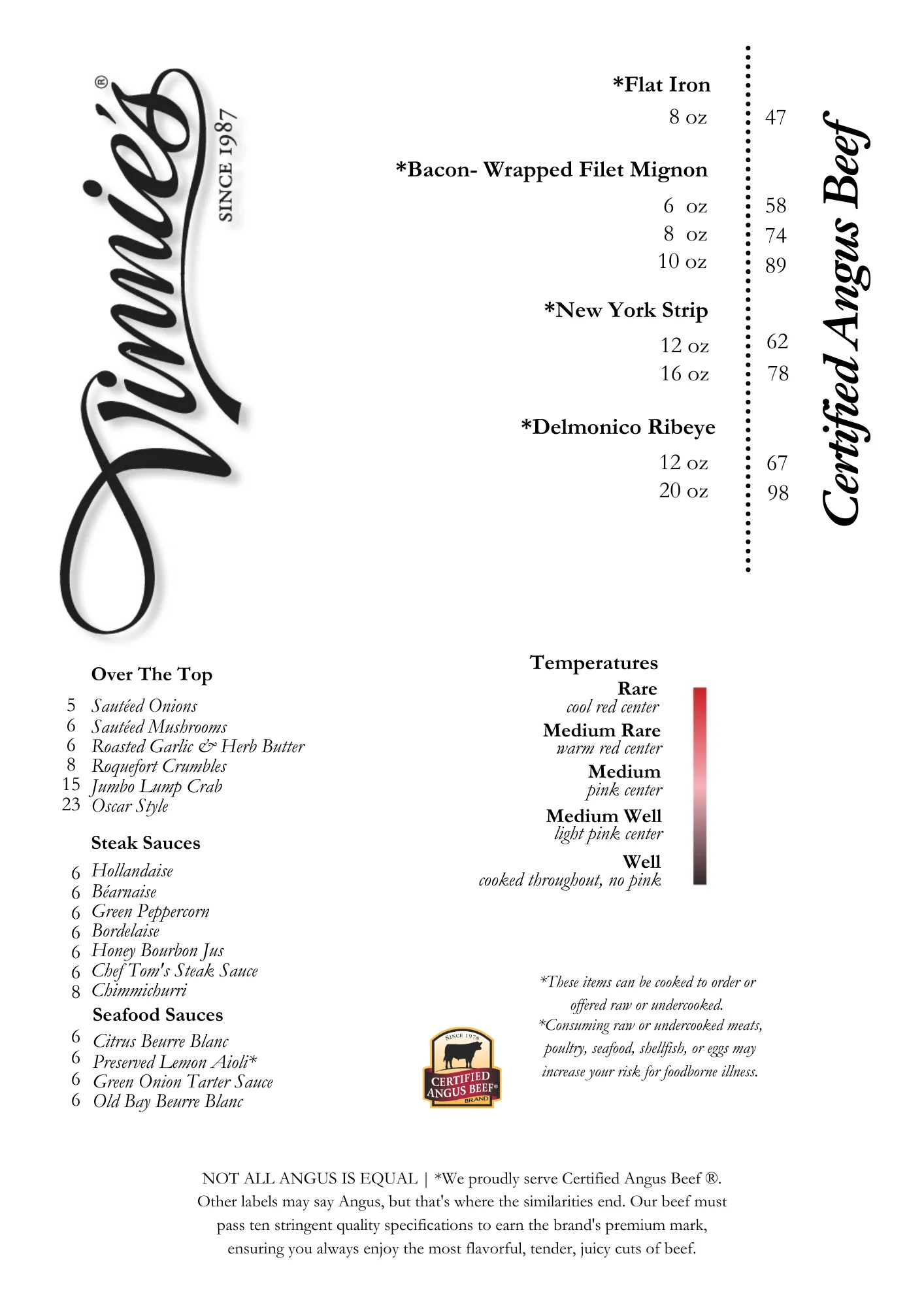 Steakhouse menu featuring Certified Angus Beef selections
