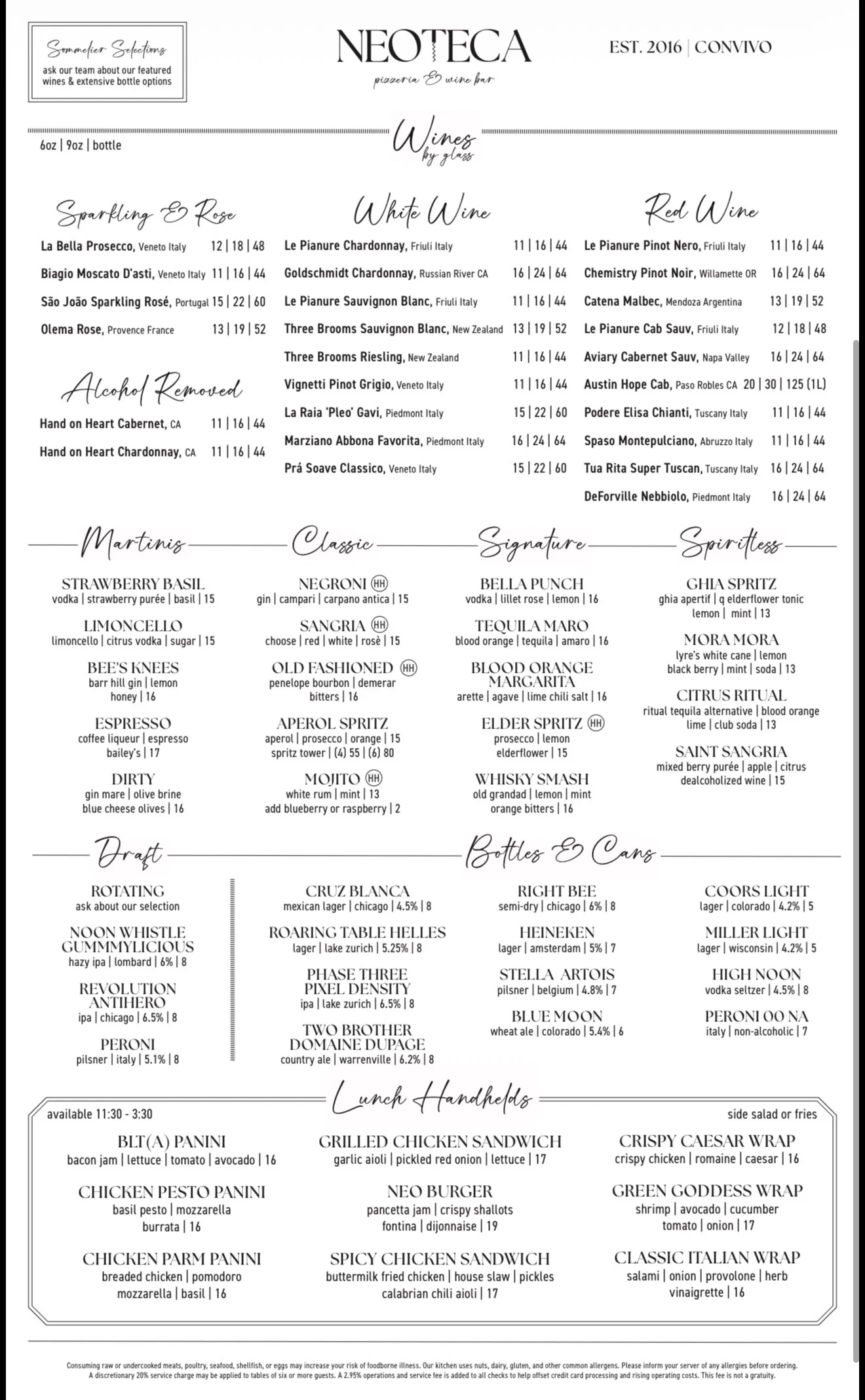 Cocktail menu featuring classic and signature drinks at a wine bar