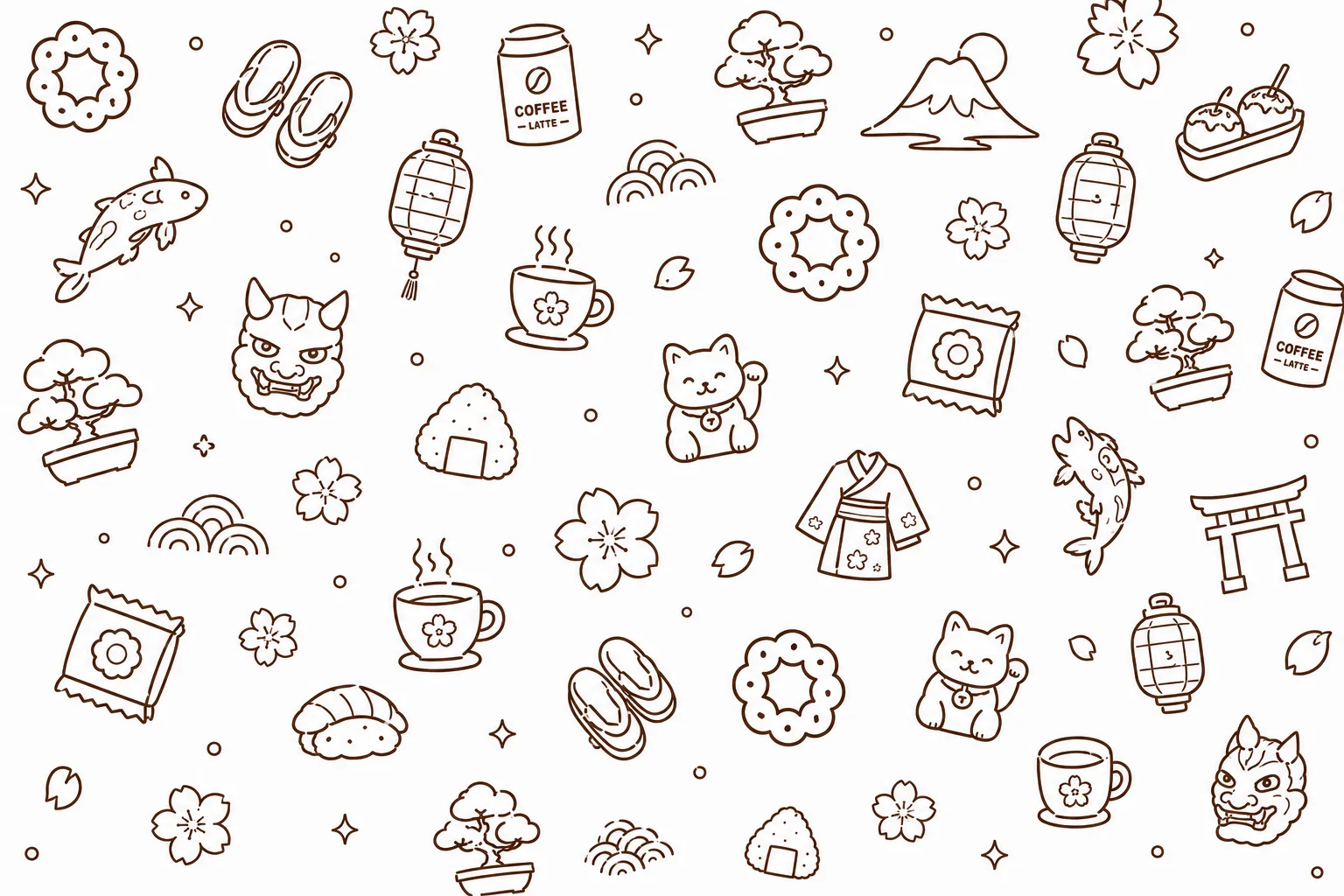 Pattern of Japanese cultural icons including cats, tea, and cherry blossoms