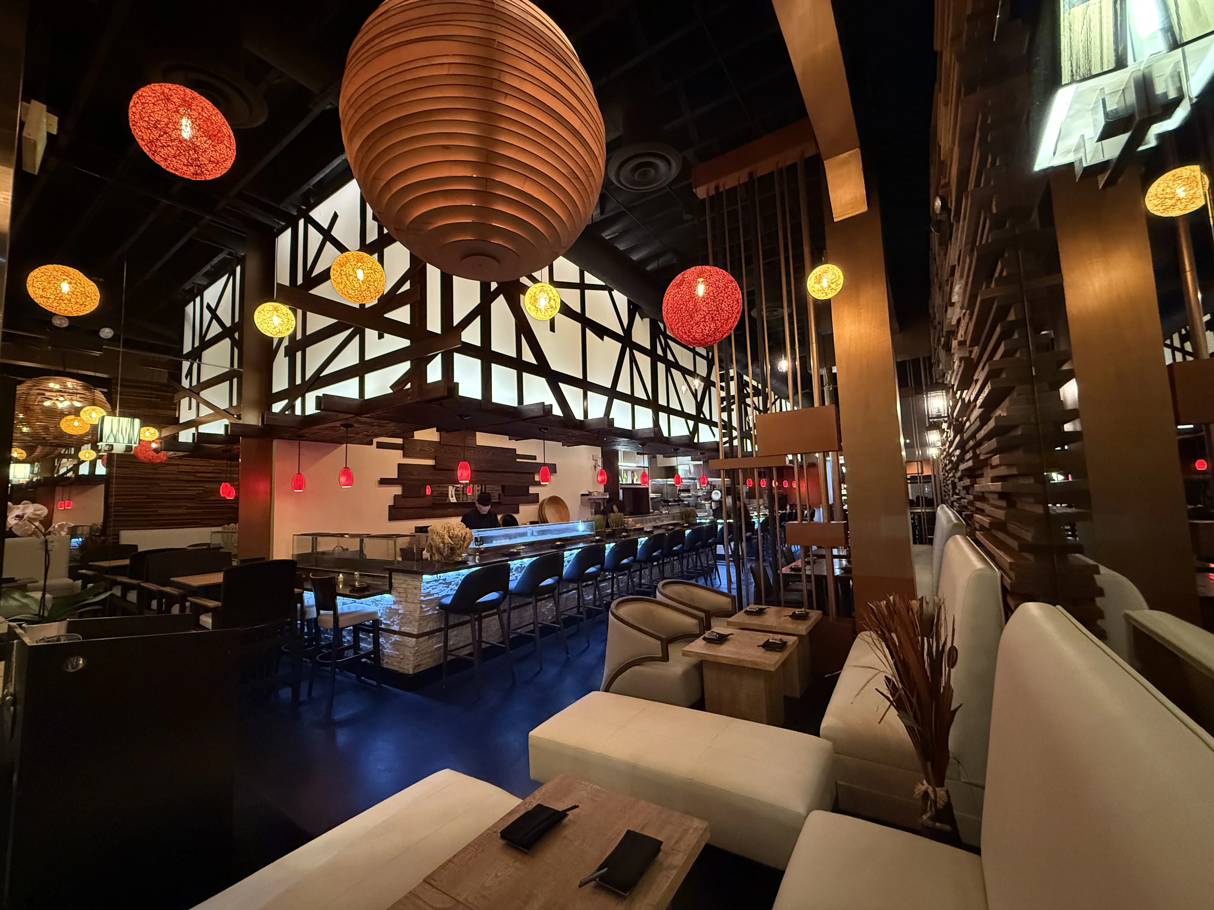Stylish restaurant interior with modern decor and ambient lighting