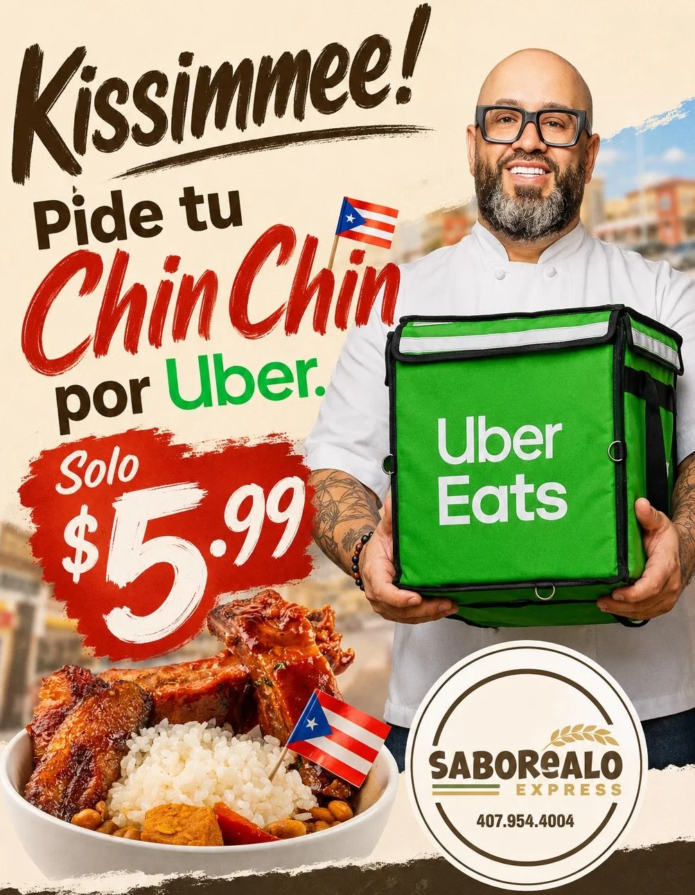 Puerto Rican Chin Chin Chin dish with rice and chicken