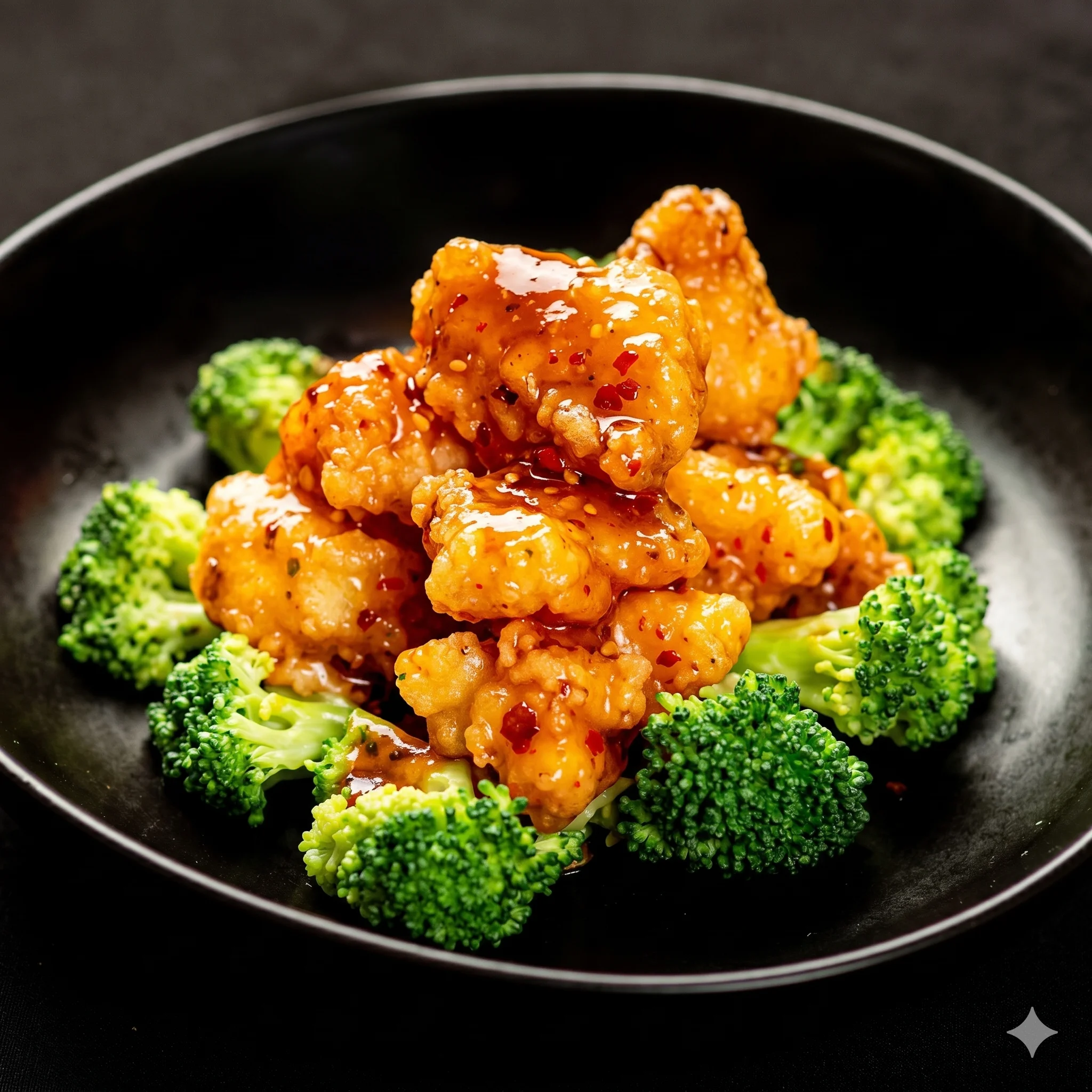 Crispy sweet and spicy cauliflower with broccoli on a black plate.