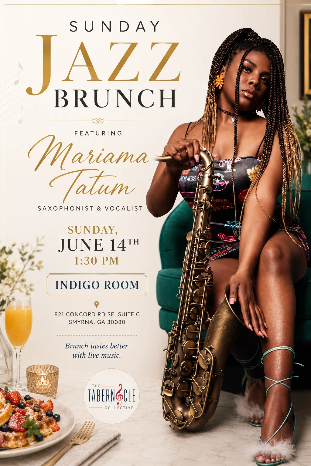 Jazz brunch event featuring a saxophonist in a stylish setting