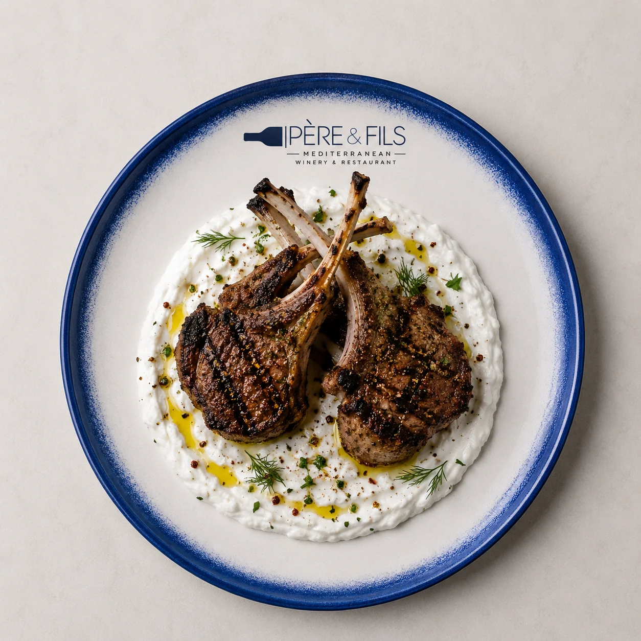 Grilled lamb chops on creamy yogurt sauce