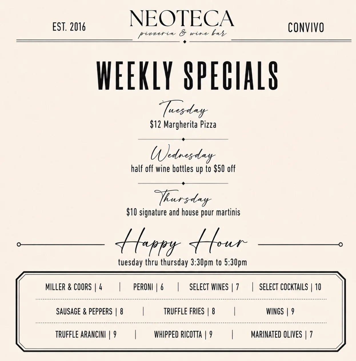 Weekly specials menu for a pizzeria and wine bar