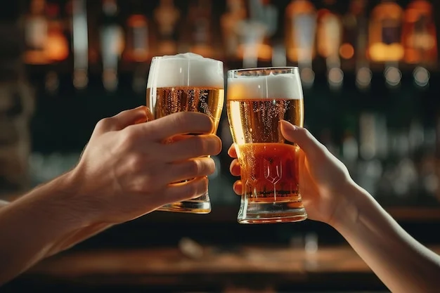 Two hands clinking beer glasses in a lively bar setting.