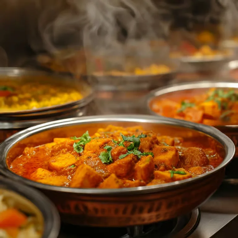 A steaming bowl of curry with chunks of paneer and garnished with cilantro.
