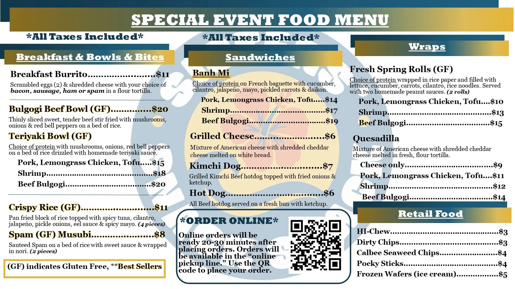 Asian street food menu featuring diverse dishes and drinks