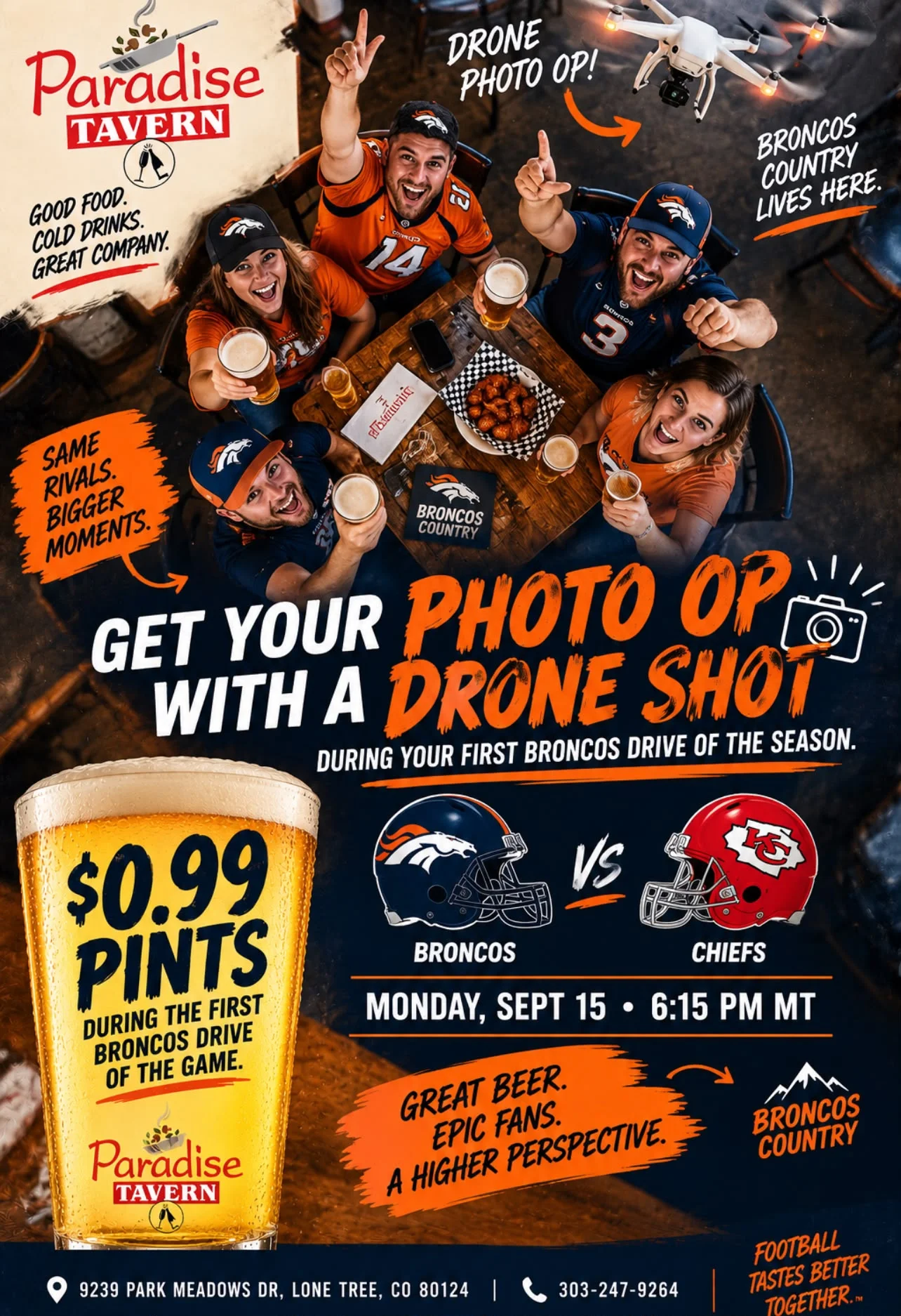 Excited fans enjoying pints at a sports bar during a Broncos game event