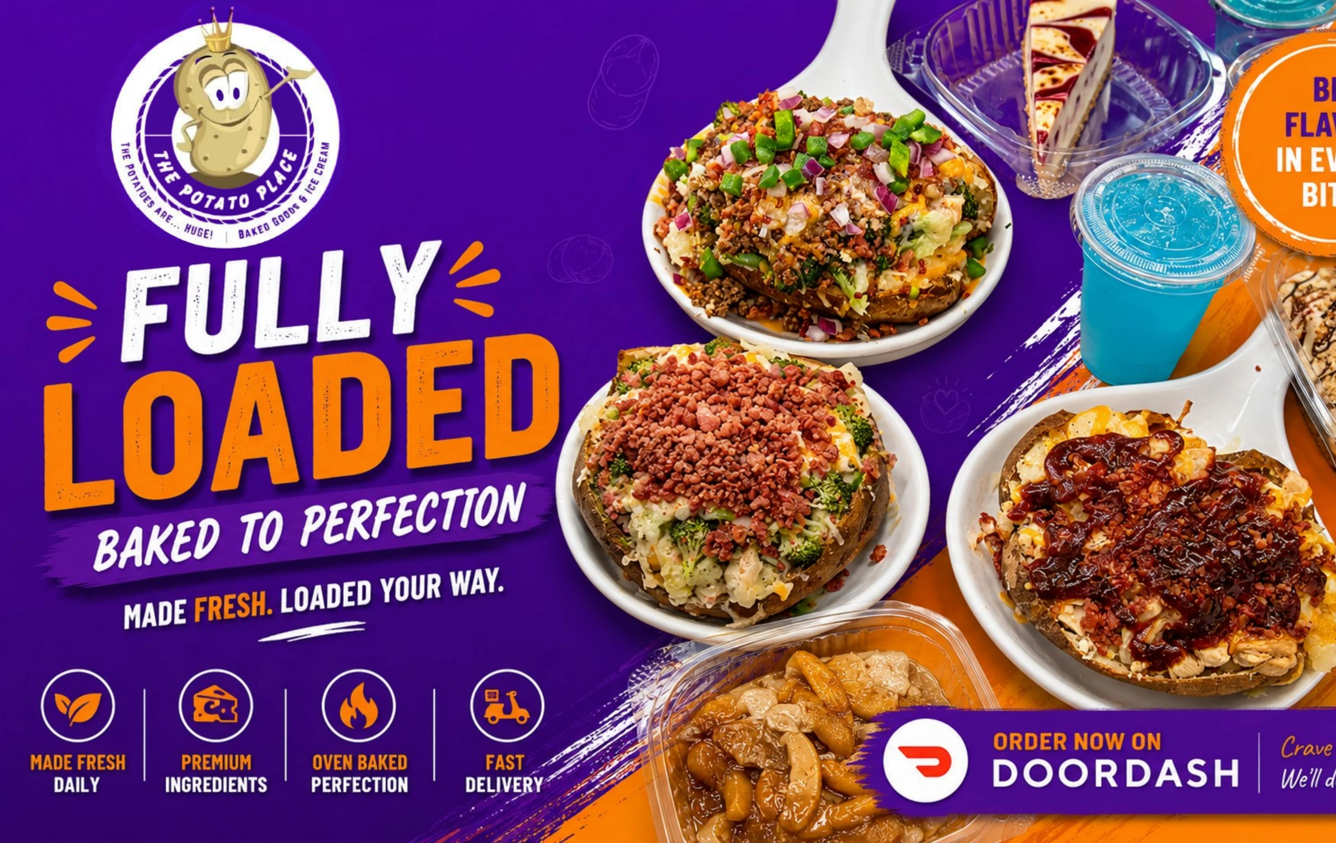 Loaded baked potatoes with various toppings