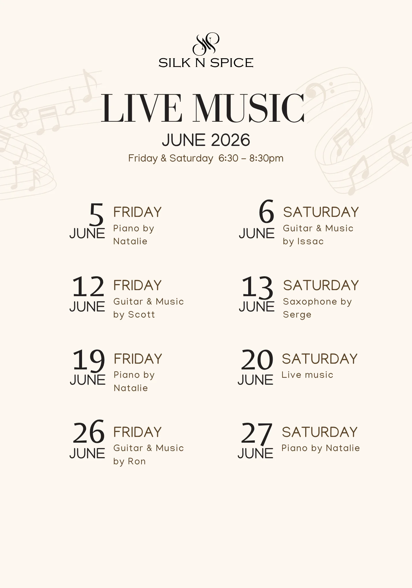 Promotional poster for live music event at a restaurant.