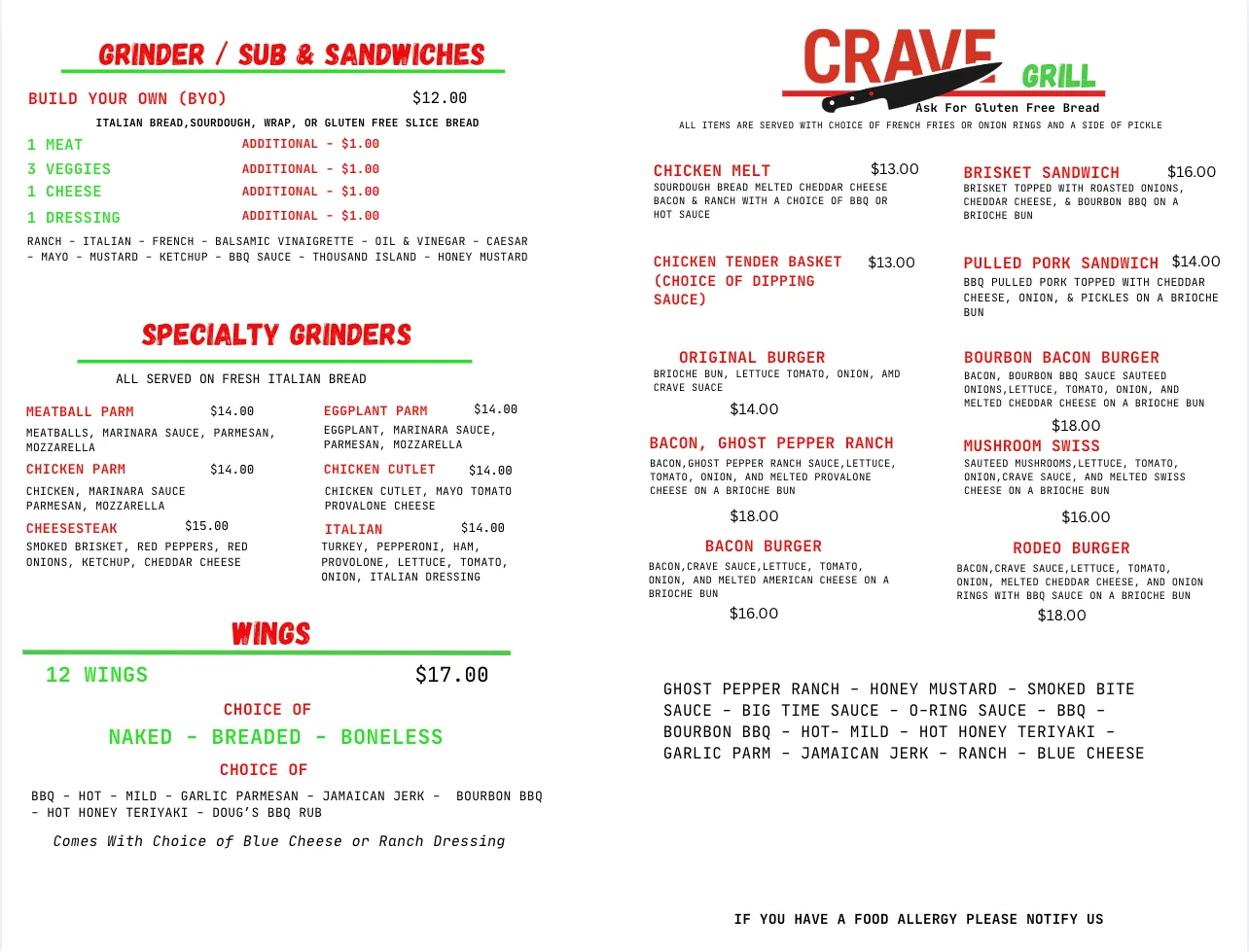 Menu featuring American sandwiches and grinders at Crave Grill