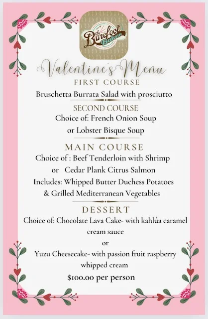 Valentine's Day menu featuring gourmet dishes