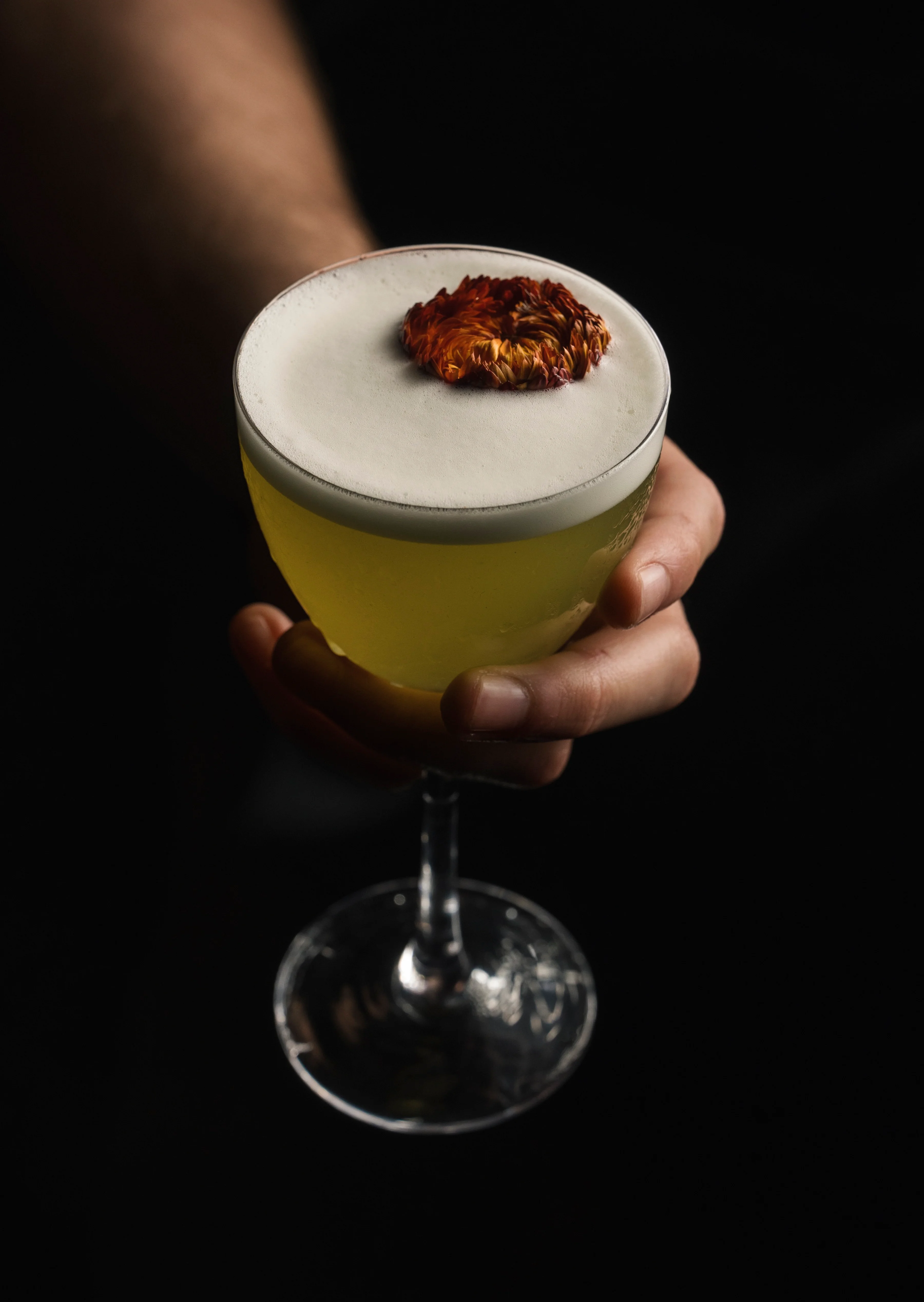 Crafted cocktail with floral garnish at a modern bar