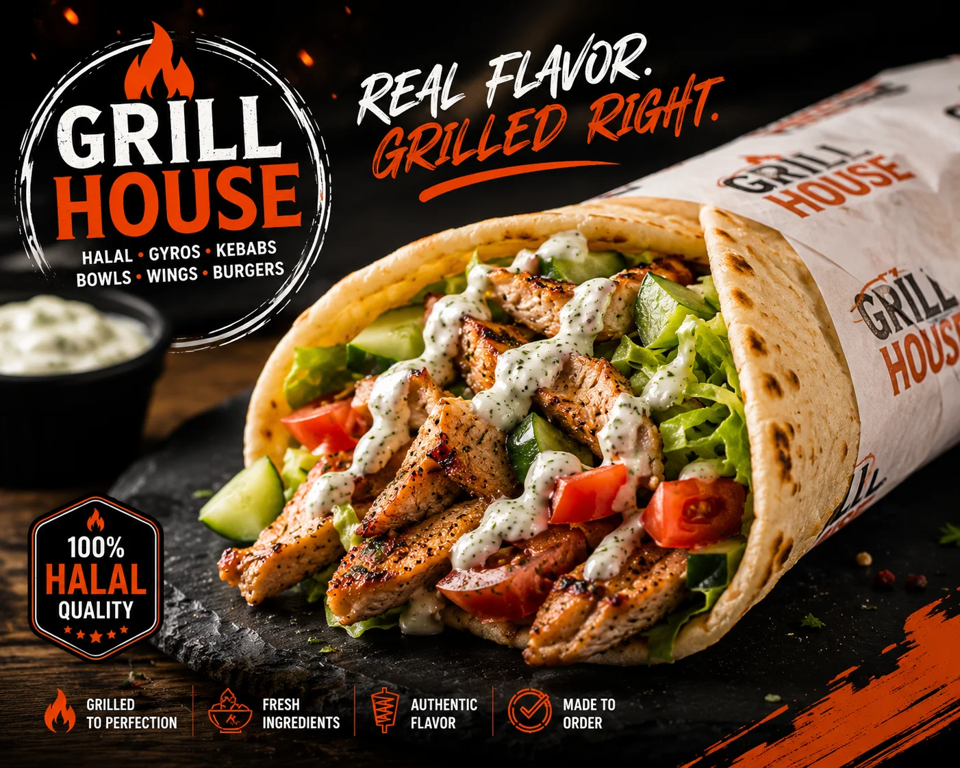 A wrap filled with grilled chicken, fresh vegetables, and a creamy sauce, presented alongside a small container of dipping sauce, highlighted by branding elements.