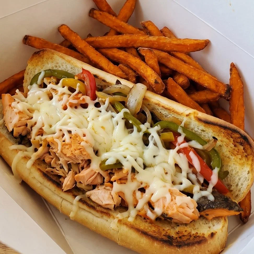 Salmon Philly with cheese, peppers, onion, sweet potato fries & a drink